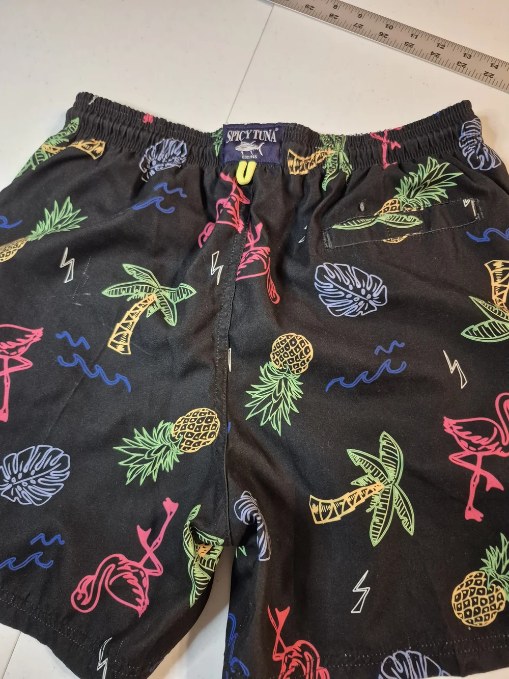 Black Tropical Print Men's Swim Trunks with Neon Yellow Drawstring 4836